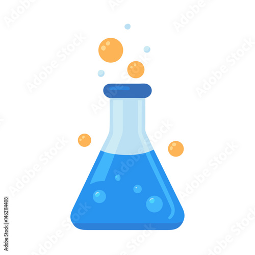 Bright blue laboratory flask bubbling with orange and blue liquids on a white background during a science experiment
