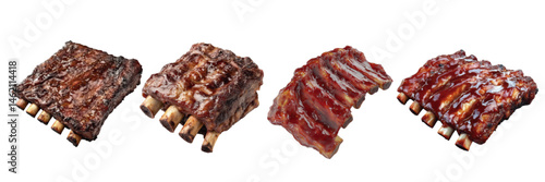 Realistic barbecue pork ribs arranged on a white background showcasing different glazes and cooking techniques