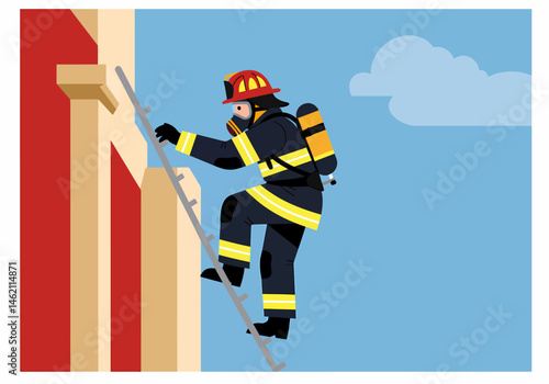 Firefighter Climbs Ladder Near Building Responding to Emergency