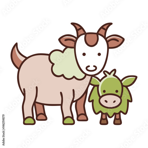 Farm animals charm on a sunny day with a goat and a playful lamb in a cheerful barnyard setting