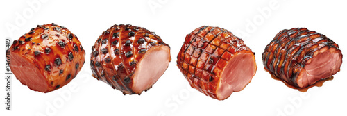 Glazed hams displayed on a white background showcasing different styles and textures, ideal for culinary presentations