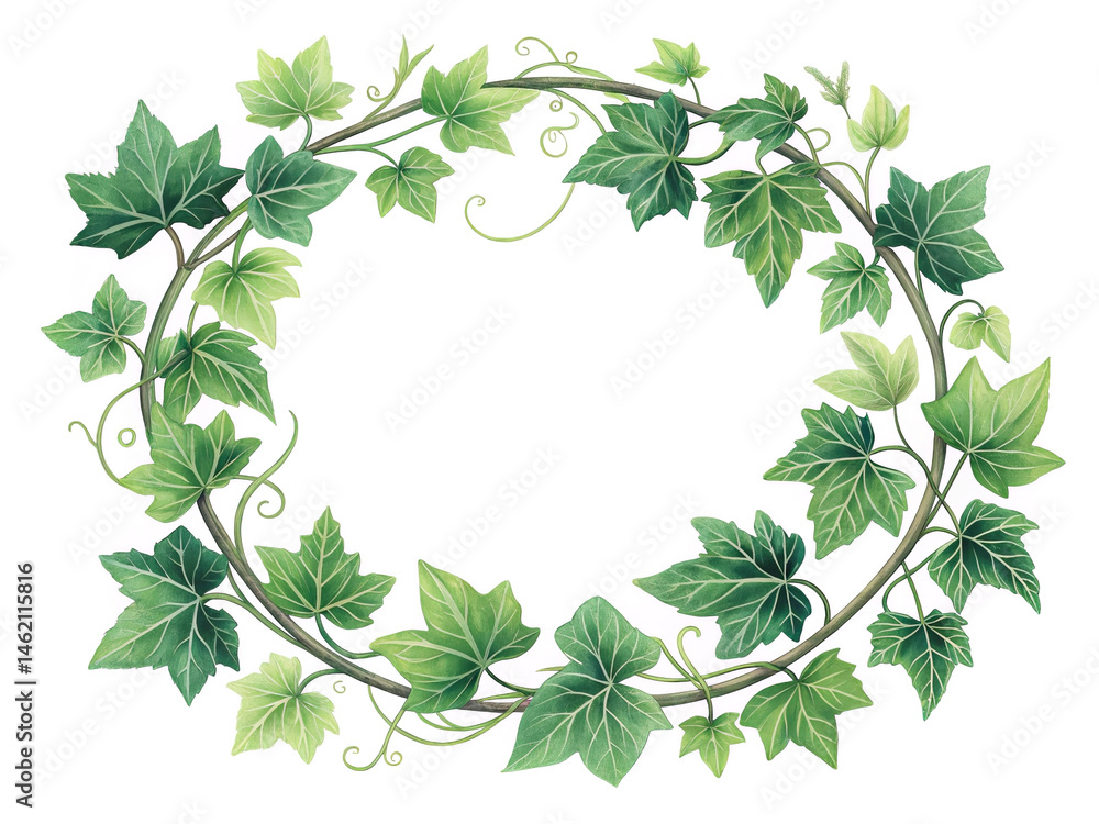 Circular frame of green ivy leaves and curling vines, natural wreath design on white. Circular frame of green ivy leaves and curling vines, natural wreath design on white.