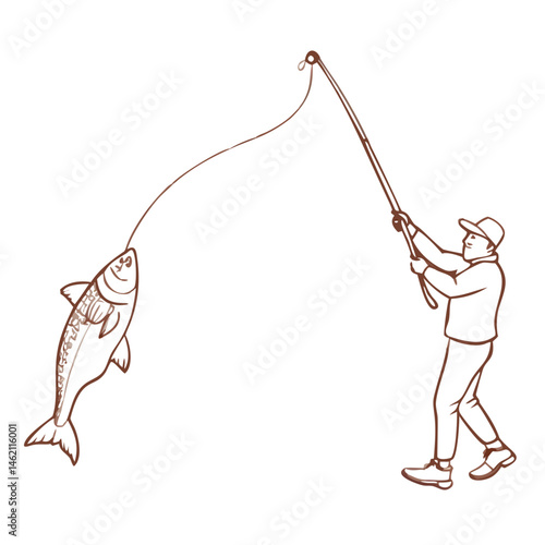 Fisherman catching a large fish with a rod at the lake on a sunny day