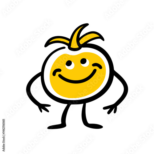 Friendly yellow tomato character with a cheerful expression and playful pose against a simple background
