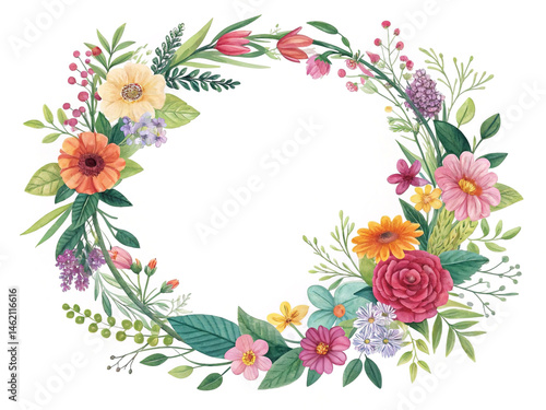 Circular floral frame with vines and leaves, natural design, isolated on white.