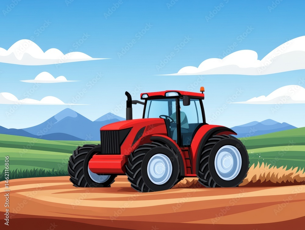 Fototapeta premium Red Tractor in a Field