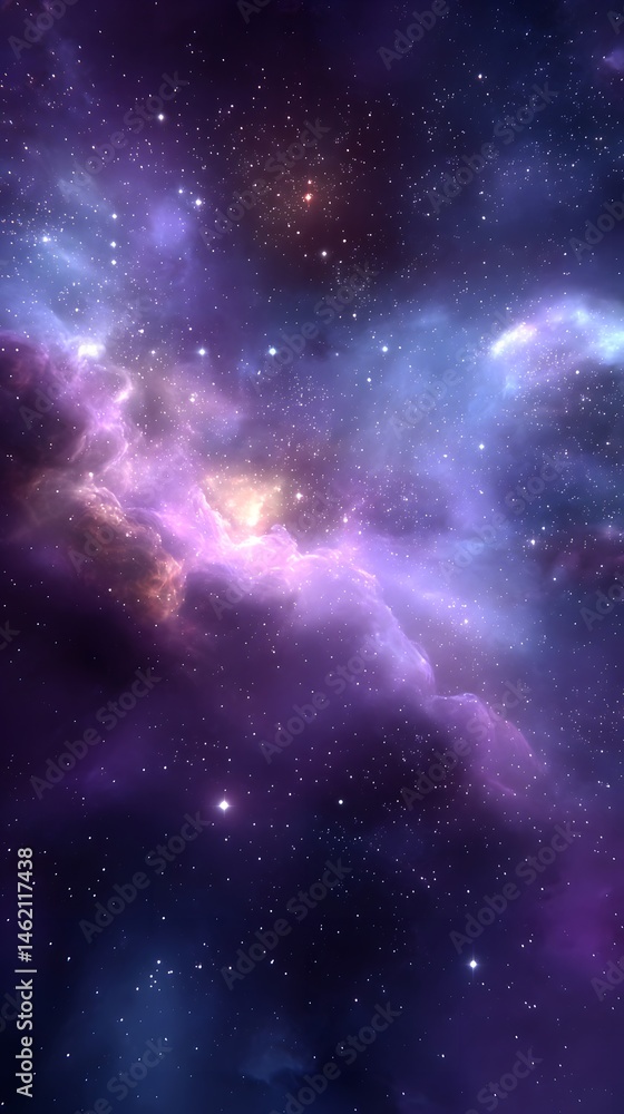 Naklejka premium A breathtaking cosmic landscape featuring vibrant nebulae with swirling clouds of gas and dust illuminated by distant stars in the vast expanse of space