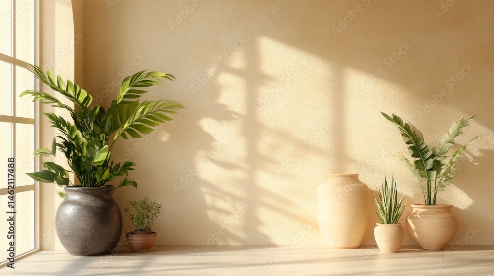 Fototapeta premium Houseplants and pottery in natural sunlight casting shadows on warm beige wall interior design