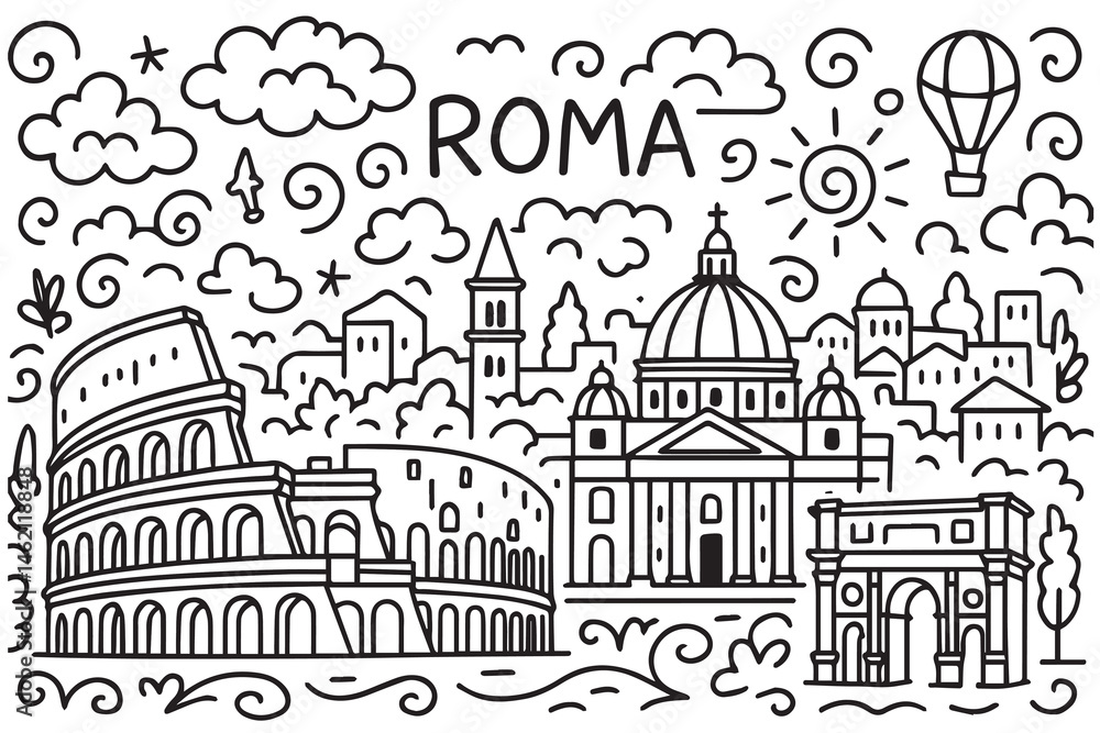 Fototapeta premium In black and white, this vector doodle of Rome highlights historical structures, columns, and the timeless beauty of the city’s layered architecture.