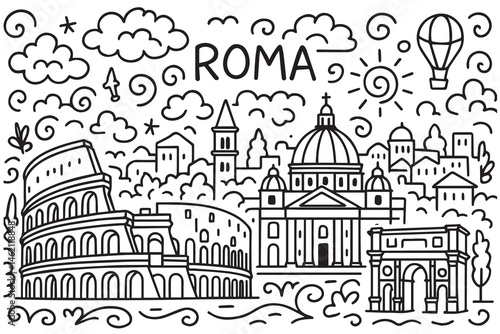 In black and white, this vector doodle of Rome highlights historical structures, columns, and the timeless beauty of the city’s layered architecture.


