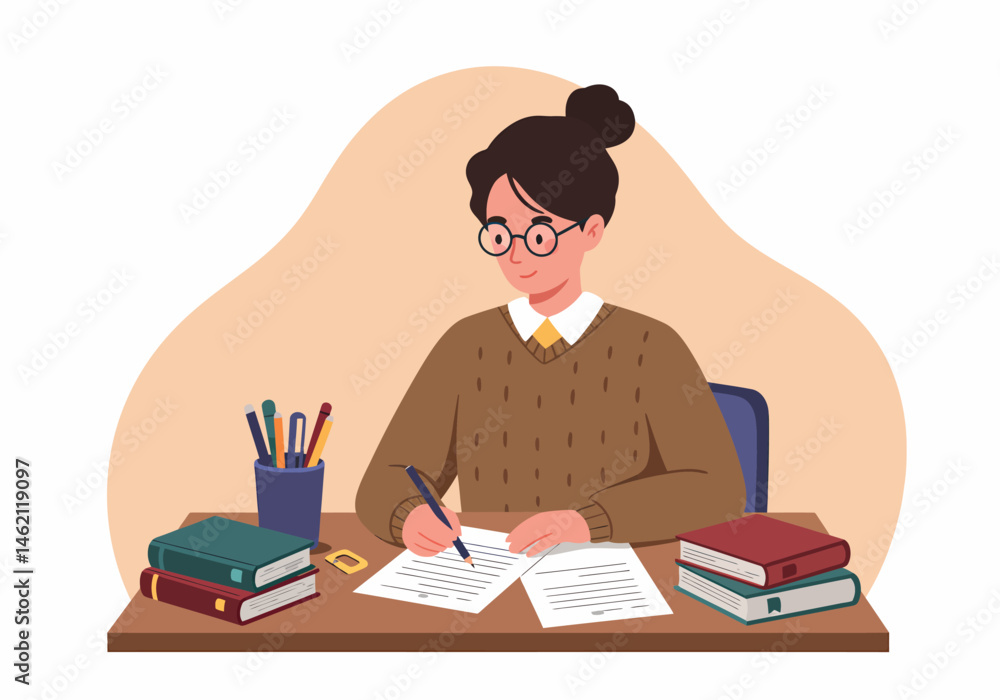 Woman Writing Notes at Desk Surrounded by Books Woman Writing Notes at Desk Surrounded by Books