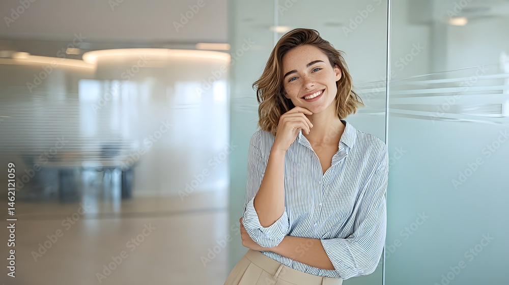 Fototapeta premium A confident and smiling woman in a light blue shirt standing by a glass wall in a modern office environment with soft lighting