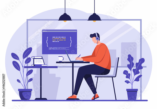 Software Developer Coding at Desk in Office Vector