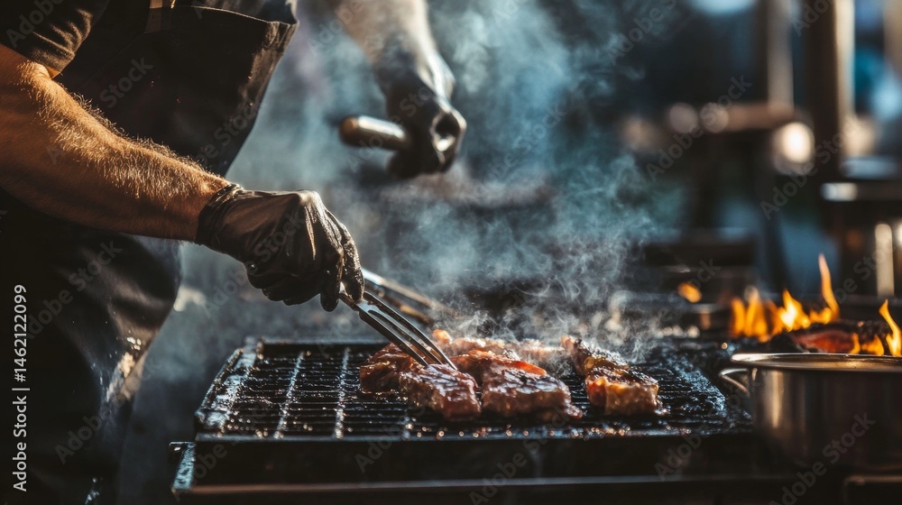 Fototapeta premium Chef grilling meat with fire flames and smoke on barbecue at night food preparation scene