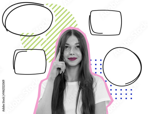 Woman in white shirt isolated on white background with empty speech bubbles, colorful abstract shapes, and a creative thinking concept layout design