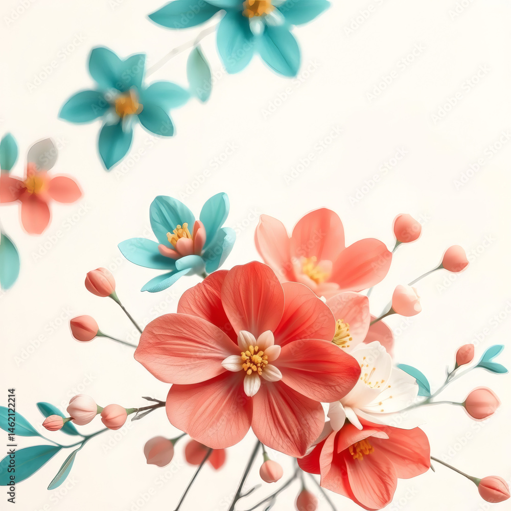 Obraz premium Spring celebration banner with abstract teal and coral flowers on pale