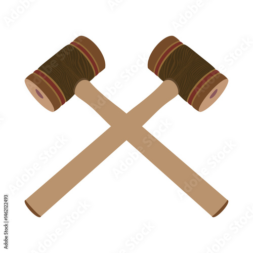 Illustration of two crossed wooden gavel hammers with brown handles and red accents