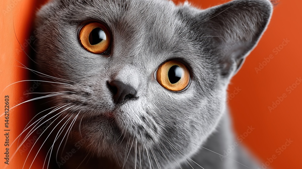 Surprised British lilac cat gazes curiously at the camera with wide eyes against a vibrant coral background