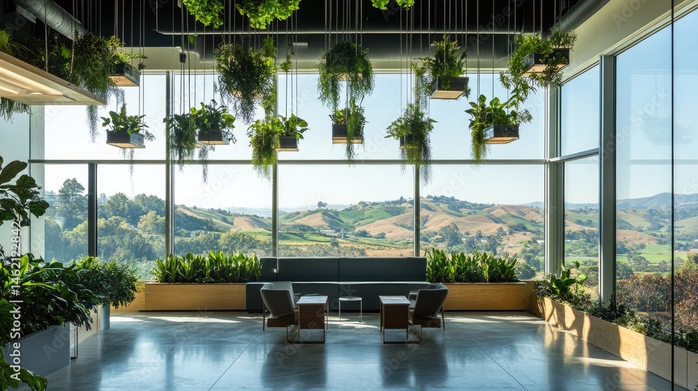 Fototapeta premium Modern office lobby with hanging plants and scenic view.
