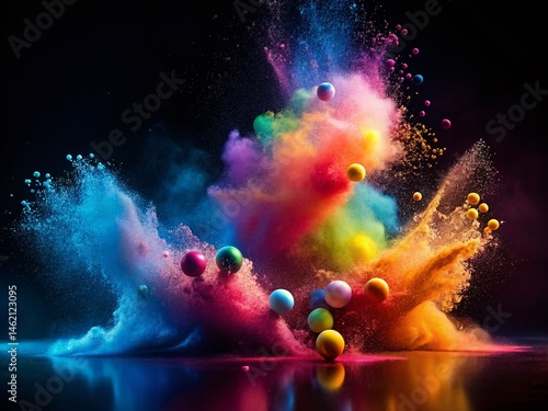 Colorful Powder Explosion with Spheres - Abstract Minimalist Photography