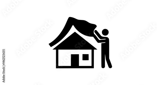 Man covering house black and white icon