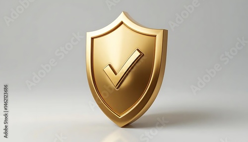 A golden shield icon with a checkmark symbol representing security and protection. Elegant and modern 3D illustration isolated on a gray background.