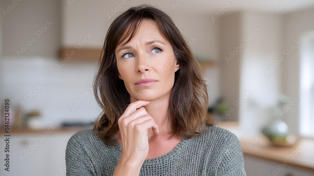 A contemplative middle-aged woman with shoulder-length brown hair wearing a gray sweater sits in a modern kitchen deep in thought with her hand resting on her chin A contemplative middle-aged woman with shoulder-length brown hair wearing a gray sweater sits in a modern kitchen deep in thought with her hand resting on her chin