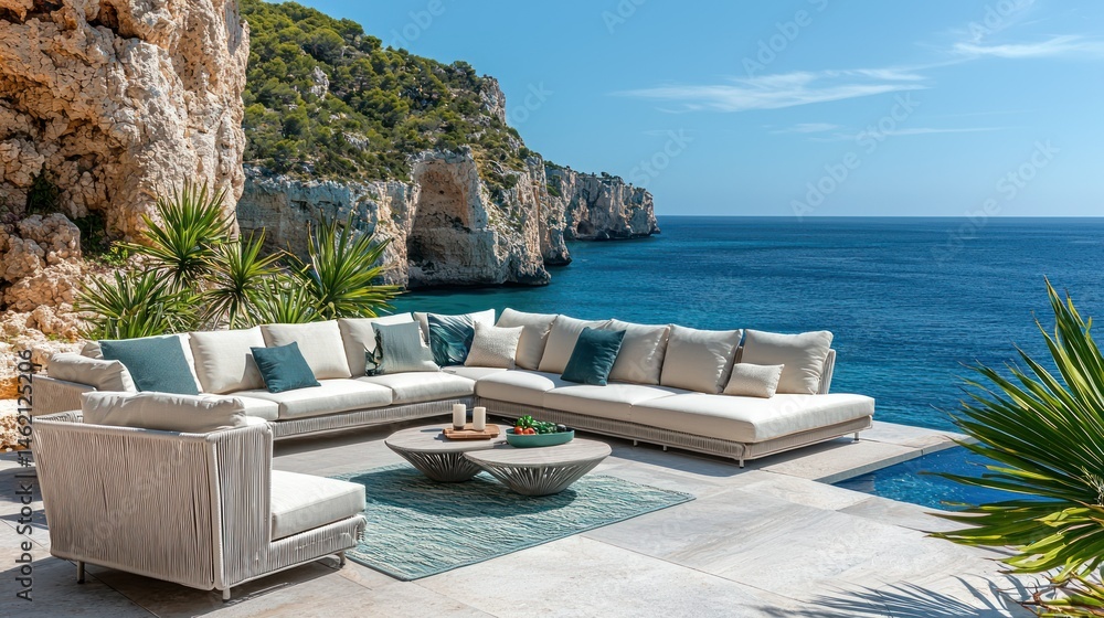 Fototapeta premium Coastal outdoor seating area with a stunning ocean view