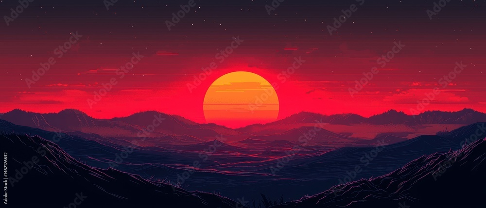 Fototapeta premium Vibrant sunset over serene mountain range.