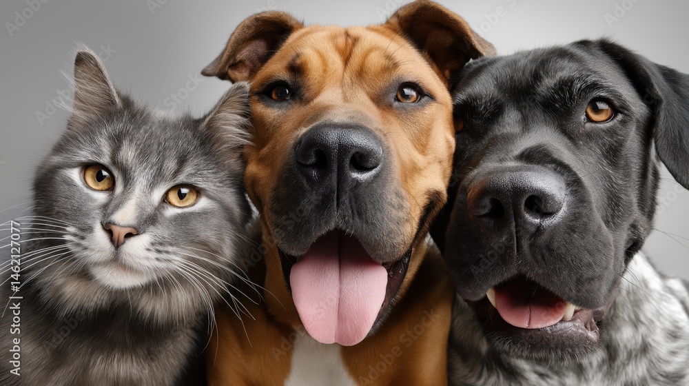 Diverse pets enjoy friendly companionship while posing together with happy expressions indoors