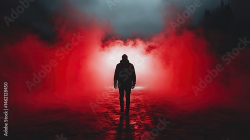 Man walks red smoke night path.