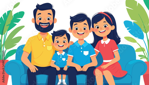A happy cartoon family of four, including a boy and a girl, is smiling together