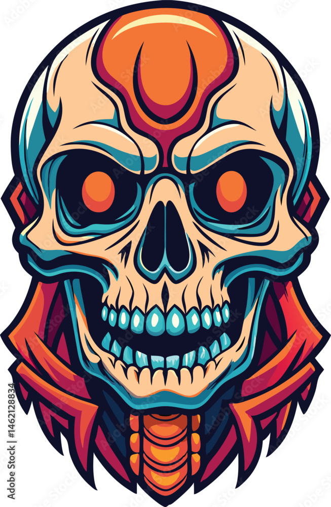 Fototapeta premium Colorful Cartoon Skeleton Skull Vector Illustration with Ribcage Design for Halloween and Comic Art Skeleton Skull Vector, Halloween Cartoon Skull, Funny Skeleton Drawing, Spooky Skull Illustration