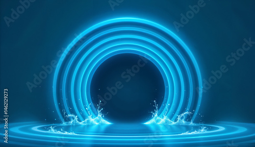 Blue Neon Circular Light with Water Splashes