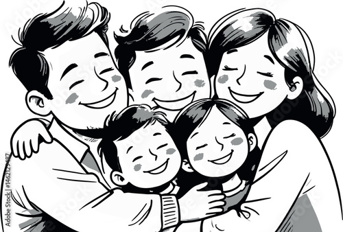 A smiling cartoon family of four, including mother, father, son, and daughter, radiates happiness in a vector illustration