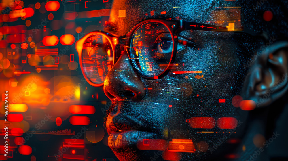 Cybersecurity AI Threat Concept - African American IT Specialist with Digital Interface, Technology at Night, Data Visualization and Threat Detection