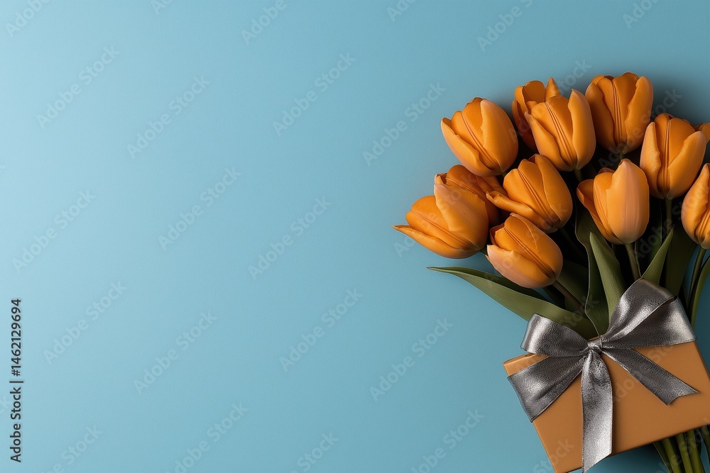 Deep orange tulips wrapped with silver satin ribbon on pale sky-blue background inviting vibrant floral decoration for any occasion