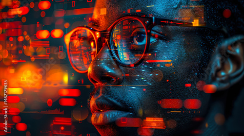 Cybersecurity AI Threat Concept - African American IT Specialist with Digital Interface, Technology at Night, Data Visualization and Threat Detection