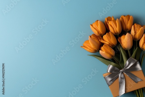 Obraz na płótnie Deep orange tulips wrapped with silver satin ribbon on pale sky-blue background inviting vibrant floral decoration for any occasion w salonie