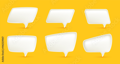 Vector illustration of set of realistic different size shape white color speech bubble on yellow background. 3d cartoon style design of text speech bubble. Social media symbol of communication icon