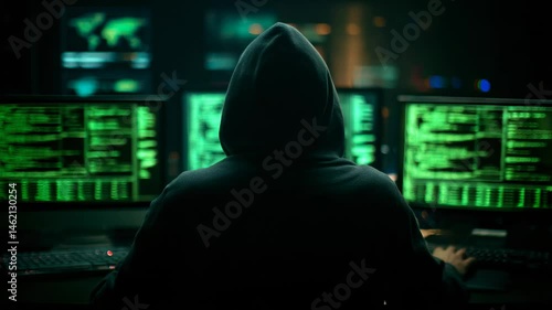 Person in hood focuses on multiple computer screens displaying code