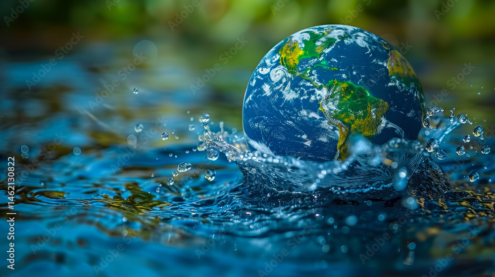 Water Droplets Forming Continents on Globe in Water Splash, Global Water Awareness Concept, Interconnected Water Resources, Environmental Conservation, Earth Focus