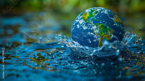Obraz na płótnie Water Droplets Forming Continents on Globe in Water Splash, Global Water Awareness Concept, Interconnected Water Resources, Environmental Conservation, Earth Focus w salonie