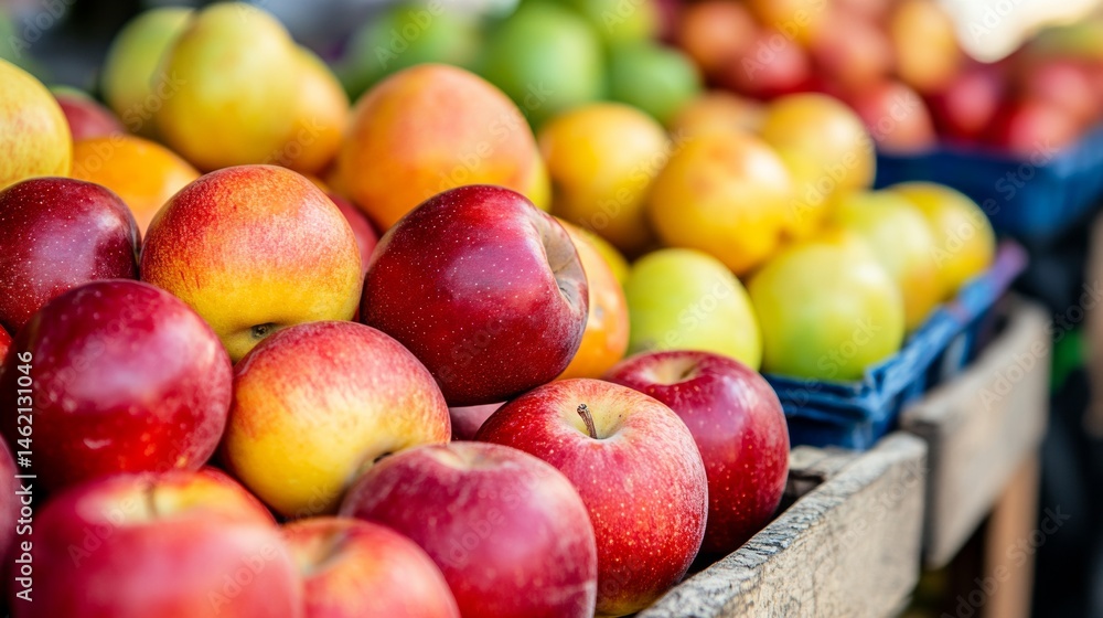 Red and yellow apples on wooden crate in market for healthy fruit background organic nutrition freshness harvest Red and yellow apples on wooden crate in market for healthy fruit background organic nutrition freshness harvest