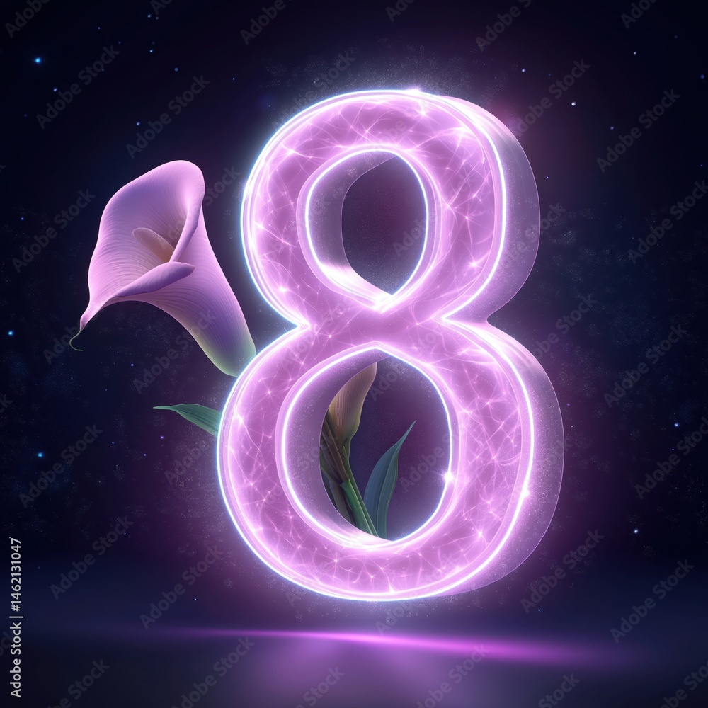 Floating neon turquoise number 8 accompanied by deep purple calla lilies against a starry dark background with empty space for text