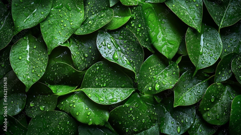 Fototapeta premium Foliage of tropical leaf in dark green with rain water drop on texture, abstract pattern nature