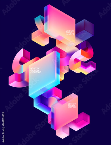 Multicolored 3D geometric shape . Glass iridescent forms. Abstract poster design for your advertising