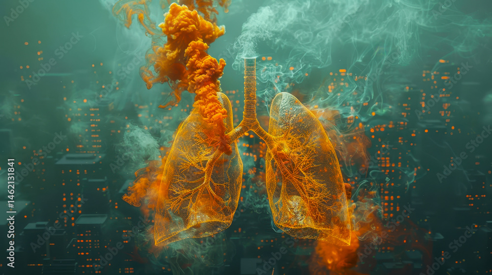 Diseased Lungs Depicting Poor Air Quality and Smoking Damage in Urban Setting at Night