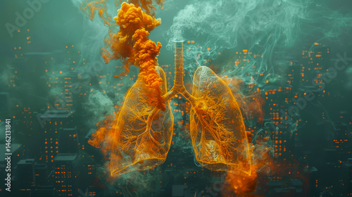 Diseased Lungs Depicting Poor Air Quality and Smoking Damage in Urban Setting at Night