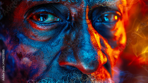 Obraz na płótnie Abstract Illustration of Elderly African American Man with Dementia in a Colorful Surreal Setting, Depicting Mental Degenerative State and Emotional Struggle, Highlighting Social and Health Issues w salonie